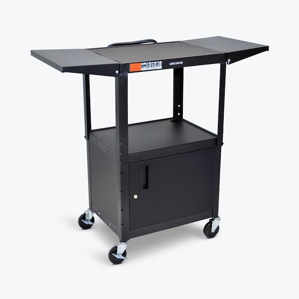Adjustable-Height Steel AV Cart with Cabinet and Drop Leaf