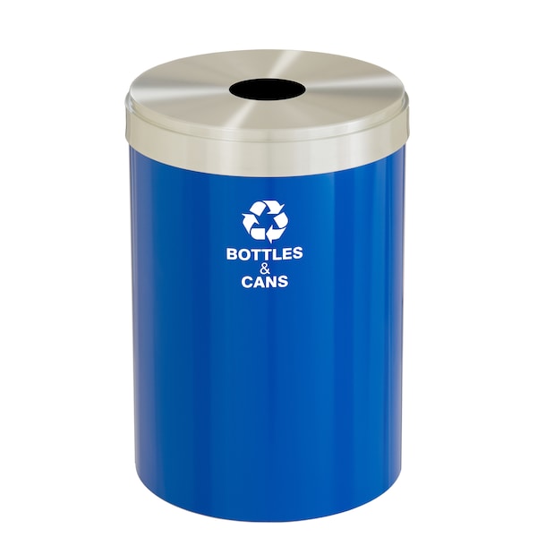 33 gal Round Recycling Bin, Blue/Satin Aluminum
