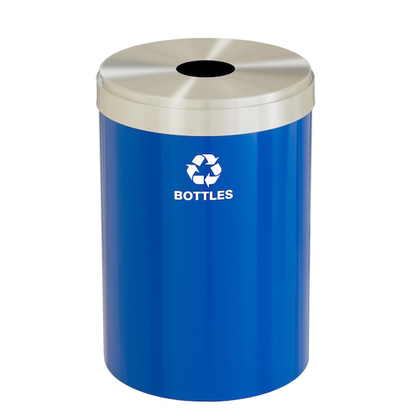 33 gal Round Recycling Bin, Blue/Satin Aluminum