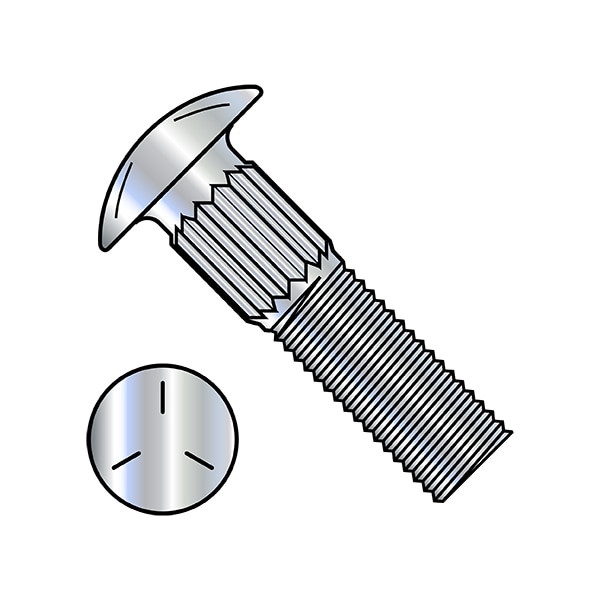 Carriage Bolt, Ribbed Neck, 1 in L, Steel, Zinc Plated, 1275 PK