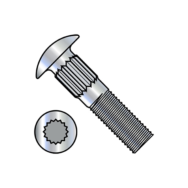 Carriage Bolt, Ribbed Neck, 1 in L, Steel, Zinc Plated, 2000 PK