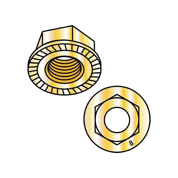 Flange Nut, M8-1.25, Steel, Class 8, Zinc Yellow, 13 mm Hex Wd, 1500 PK