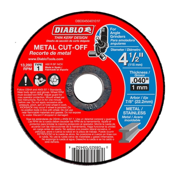 Abrasive Cut-Off Wheel, Type 1, 4-1/2 in Dia, 0.04 in Thick