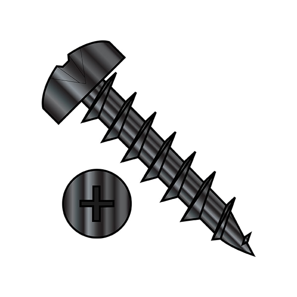 Wood Screw, #8, 3/8 in, Black Oxide Steel Pan Head Phillips Drive, 10000 PK