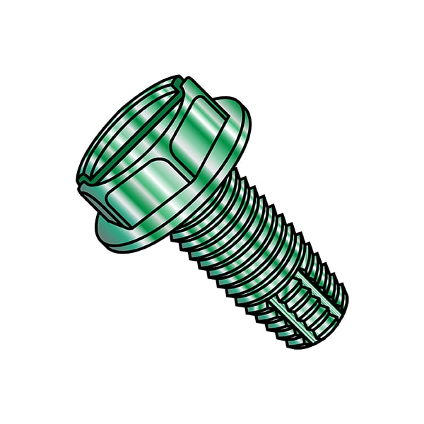 Thread Cutting Screw, #6-32 x 1/4 in, Green Steel Hex Head Slotted Drive, 10000 PK
