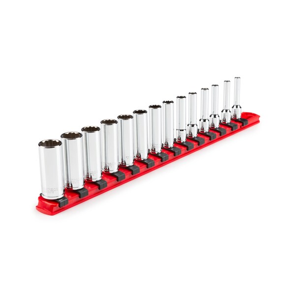 1/4 Inch Drive Deep 12-Point Socket Set with Rail, 14-Piece (4-15 mm)