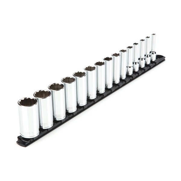 3/8 Inch Drive Deep 12-Point Socket Set with Rail, 15-Piece (1/4-1 in.)
