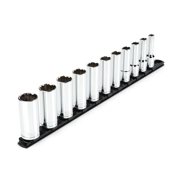 1/2 Inch Drive Deep 12-Point Socket Set with Rail, 11-Piece (3/8-1 in.)