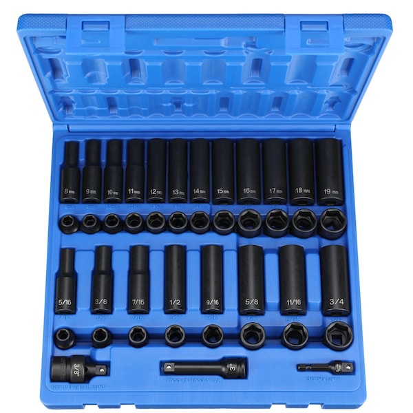 3/8" Drive, Impact Set, SAE, Metric Socket, Stan/Deep, SAE/Mtrc, 3/8"Dr, 43 pcs.