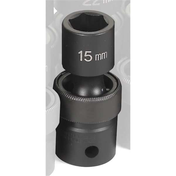 1/2" Drive, 15mm Size, Metric Socket, 6 Points, 15mm, 1/2"D, Impact, Univ 6pt.