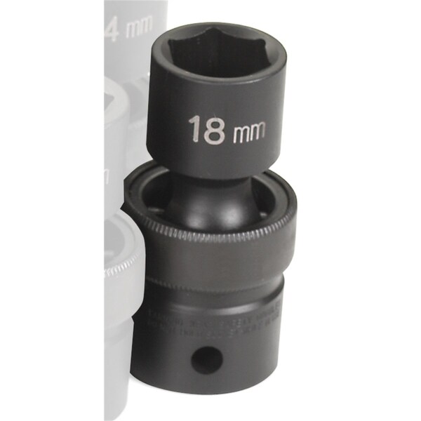 1/2" Drive, 18mm Size, Metric Socket, 6 Points, 18mm, 1/2"D, Impact, Univ 6pt.