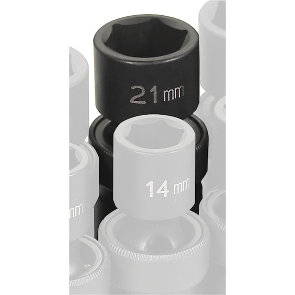 1/2" Drive, 21mm Size, Metric Socket, 6 Points, 21mm, 1/2"D, Impact, Univ 6pt.