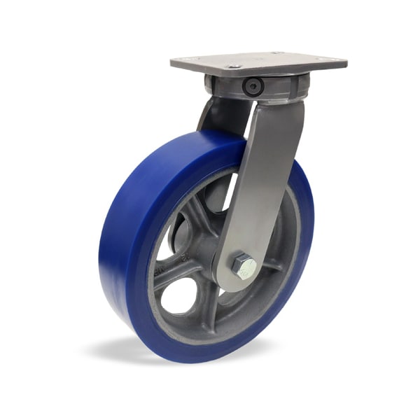 Champion Swivel Caster, 10" x 3" Ergo-Glide XT 1" thick Polyurethane (85A) on Cast Iron Wheel