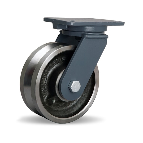 Champion Swivel Caster, 8" x 3" Forged Steel V-Groove Wheel, 1" Straight Roller Bearing
