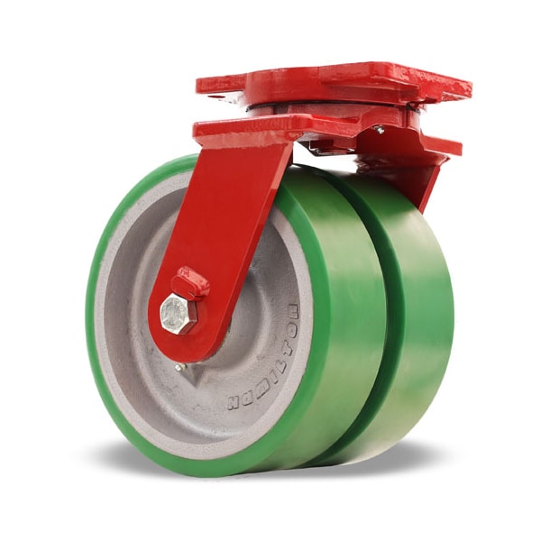 Extra Heavy Duty Dual-Wheel Swivel Caster, 10" x 3" Duralast Polyurethane (95A) on Cast Iron Wheels