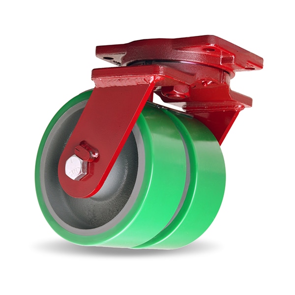 Extra Heavy Duty Dual-Wheel Swivel Caster, 10" x 3" Duralast Polyurethane (95A) on Cast Iron Wheels