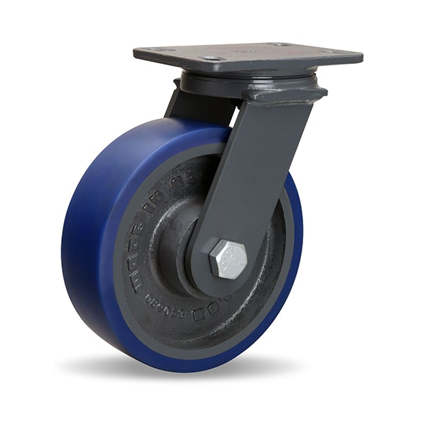 Extended Service Swivel Caster, 8" x 3" Ergo-Glide Polyurethane (85A) on Cast Iron Wheel