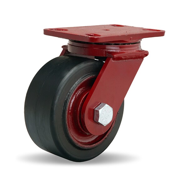 ForgeMaster Swivel Caster, 6" x 3" Mold-On Rubber on Cast Iron Wheel, 1" Straight Roller Bearing