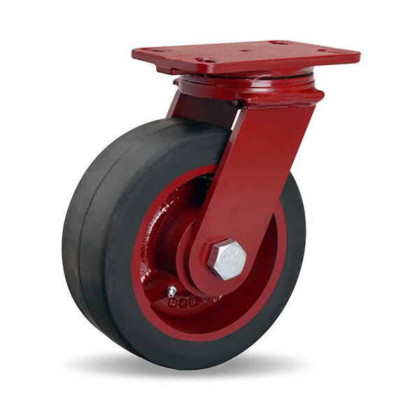 ForgeMaster Swivel Caster, 8" x 3" Mold-On Rubber on Cast Iron Wheel, 1" Straight Roller Bearing