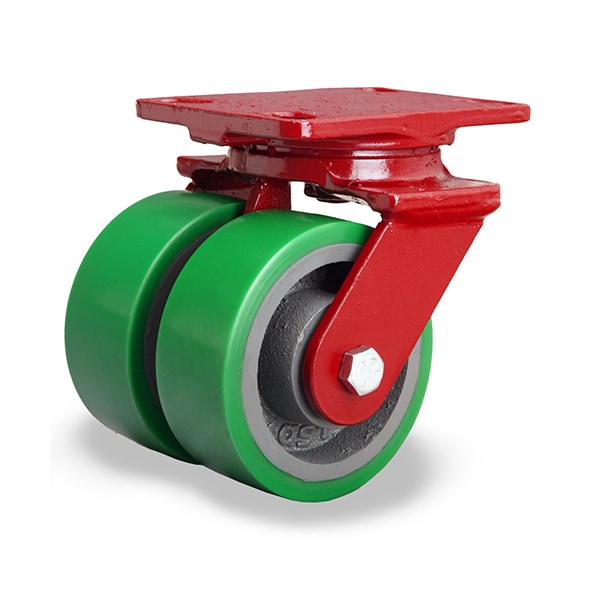 Heavy Service Dual-Wheel Swivel Caster, 5" x 2" Duralast Polyurethane (95A) on Cast Iron Wheels