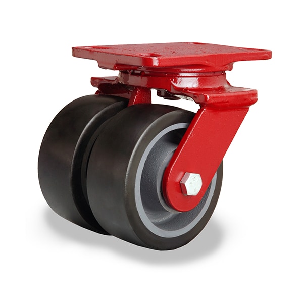 Heavy Service Dual-Wheel Swivel Caster, 5" x 2" Duralast XC Polyurethane (70D) on Cast Iron Wheels