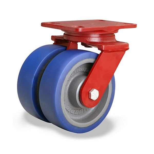 Heavy Service Dual-Wheel Swivel Caster, 6" x 2" Ergo-Glide Polyurethane (85A) on Cast Iron Wheels