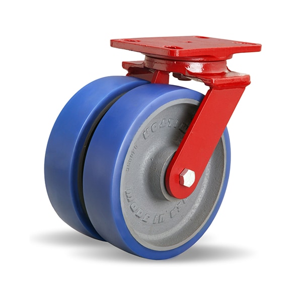 Heavy Service Dual-Wheel Swivel Caster, 8" x 2" Ergo-Glide Polyurethane (85A) on Cast Iron Wheels
