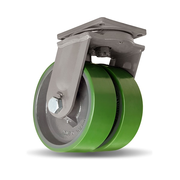 Maxi-Duty Dual-Wheel Swivel Caster, 10" x 3" Duralast Polyurethane (95A) on Cast Iron Wheel
