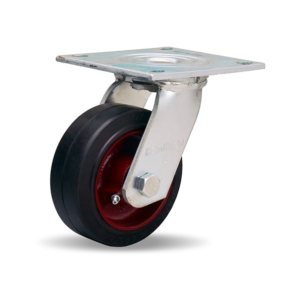 Medium Service Swivel Caster, 5" x 2" Mold-On Rubber on Cast Iron Wheel, 3/4" Straight Roller Bearing