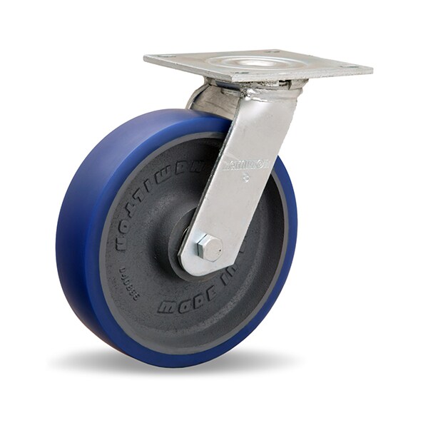 Medium Service Swivel Caster, 8" x 2" Ergo-Glide Polyurethane (85A) on Cast Iron Wheels