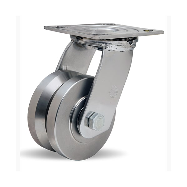 Stainless Steel Swivel Caster, 4" x 2" Stainless Steel V-Grooved Wheel, 3/4" Delrin Bearing