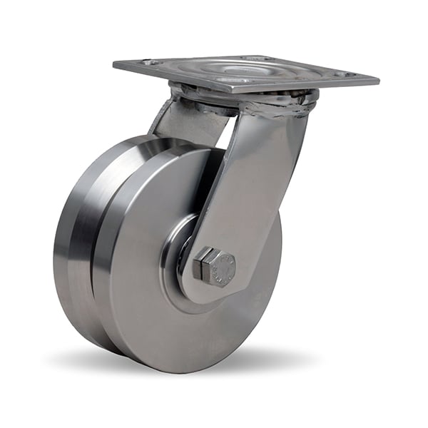 Stainless Steel Swivel Caster, 5" x 2" Stainless Steel V-Grooved Wheel, 3/4" Delrin Bearing
