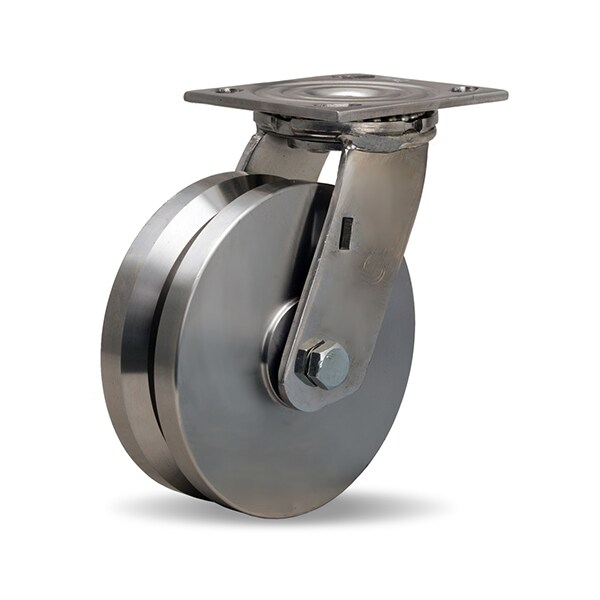 Stainless Steel Swivel Caster, 6" x 2" Stainless Steel V-Grooved Wheel, 3/4" Delrin Bearing