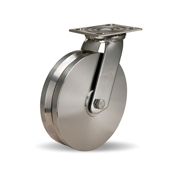 Stainless Steel Swivel Caster, 8" x 2" Stainless Steel V-Grooved Wheel, 3/4" Delrin Bearing