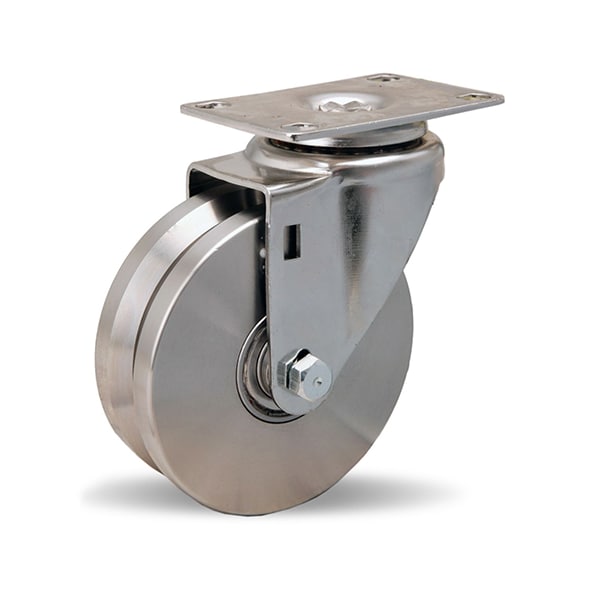 Stainless Steel Swivel Caster, 4" x 1 3/8" Stainless Steel V-Grooved Wheel, 1/2" Delrin Bearing