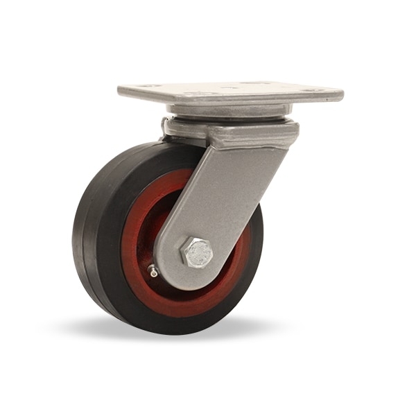 Workhorse Swivel Caster, 5" x 2" Moldon Rubber Wheel (70A), 3/4" Straight Roller Bearing
