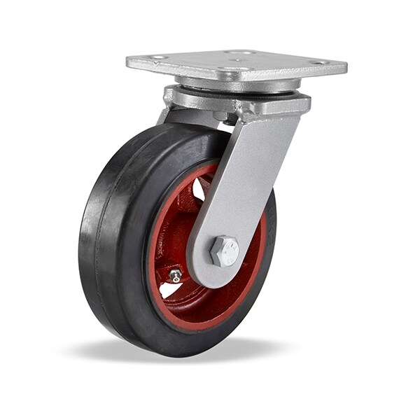 Workhorse Swivel Caster, 6" x 2" Moldon Rubber Wheel (70A), 3/4" Straight Roller Bearing