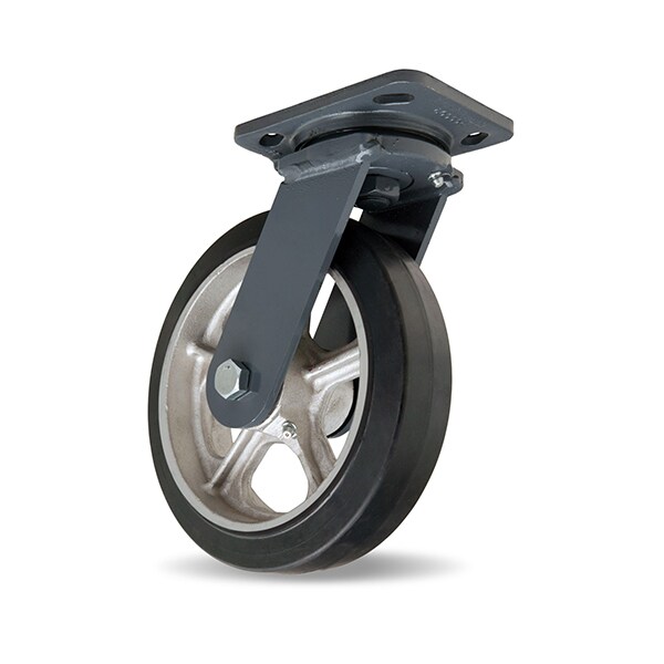 Workhorse Swivel Caster, 8" x 2" Moldon Rubber Wheel (70A), 1/2" Precision Tapered Bearings