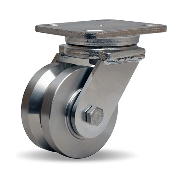 Stainless Steel Workhorse Swivel Caster, 4" x 2" Stainless Steel V-Grooved Wheel, 3/4" Delrin Bearing