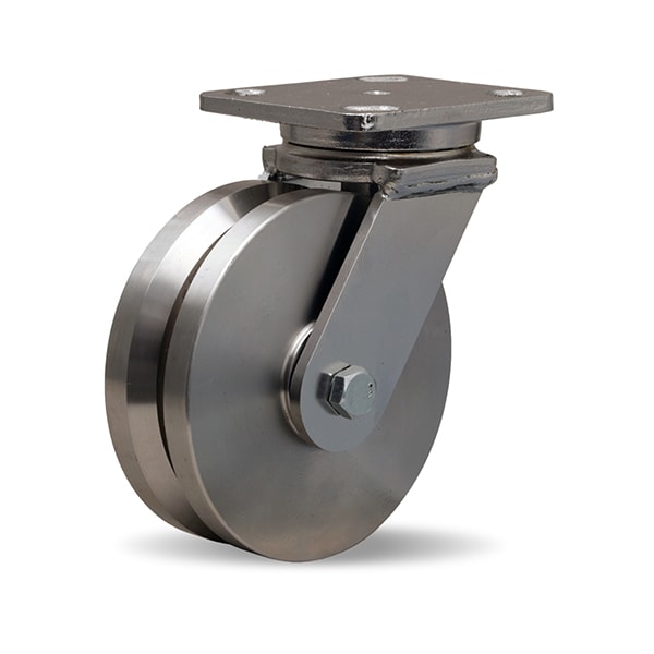 Stainless Steel Workhorse Swivel Caster, 6" x 2" Stainless Steel V-Grooved Wheel, 3/4" Delrin Bearing