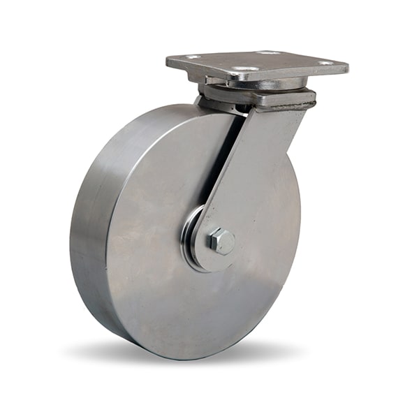 Stainless Steel Workhorse Swivel Caster, 8" x 2" Stainless Steel Wheel, 3/4" Delrin, Bearing