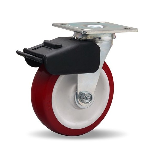 Combination Brake Swivel Caster, 6" x 2" Poly-Tech Polyurethane (95A) on Polypropylene Wheel