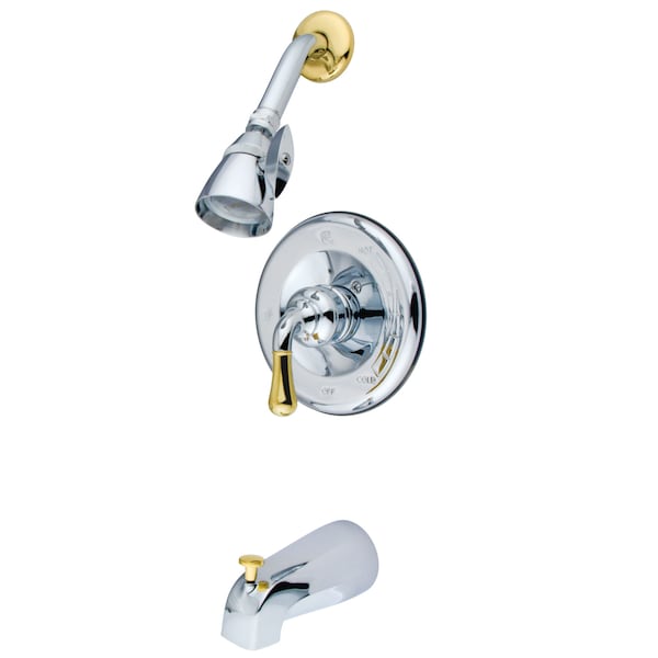Tub and Shower Faucet, Standard, 3, Wall Mount, Polished Chrome/Polished Brass