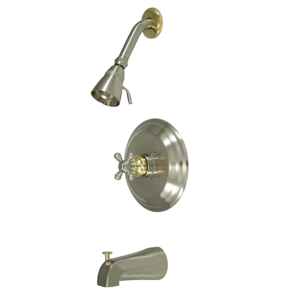 Tub and Shower Faucet, Standard, 3, Wall Mount, Brushed Nickel/Polished Brass