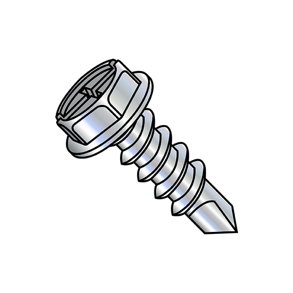 Self-Drilling Screw, #8-18 x 1/2 in, Zinc Plated Steel Flange Hex Head External Hex Drive, 10000 PK