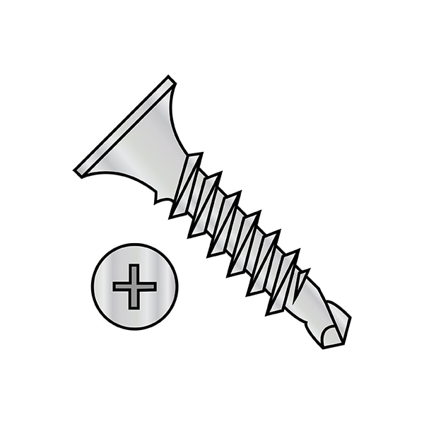 Drywall Screw, #6 x 1-1/4 in, Steel, Flat Head Phillips Drive, 8000 PK