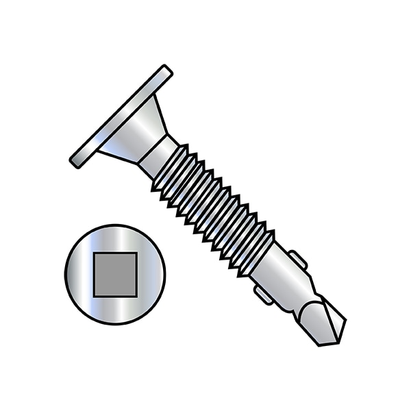 Self-Drilling Screw, #12-24 x 2 in, Zinc Plated Steel Wafer Head Square Drive, 2000 PK