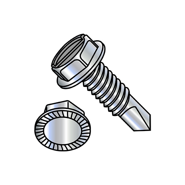 Self-Drilling Screw, #8-32 x 1/2 in, Zinc Plated Steel Flange Hex Head External Hex Drive, 10000 PK