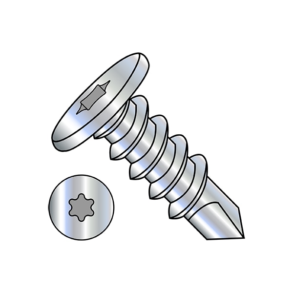 Self-Drilling Screw, 1/4"-14 x 1 in, Zinc Plated Steel Pan Head Torx Drive, 1000 PK