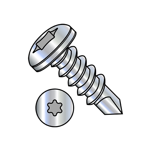 Self-Drilling Screw, 1/4"-14 x 4 in, Zinc Plated Steel Pan Head Torx Drive, 600 PK